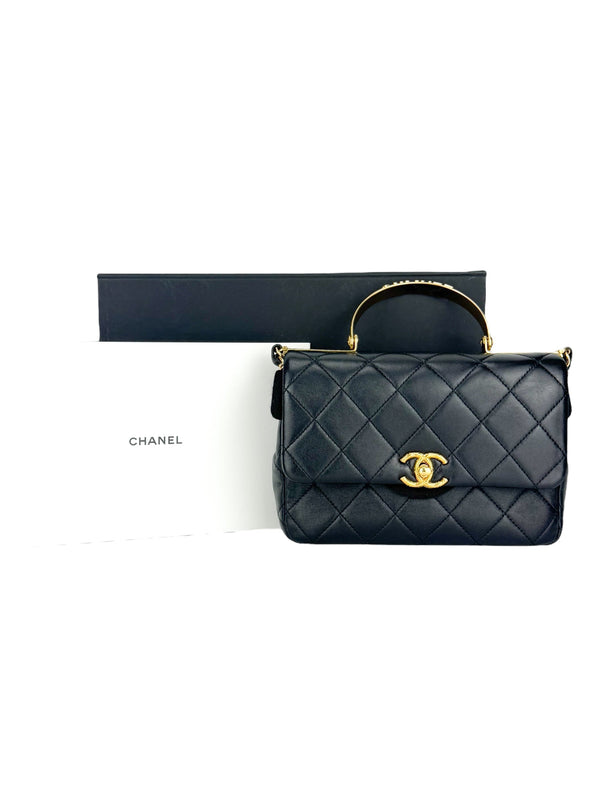 Chanel Black Lambskin Leather Matelasse Top Handle Single Flap Bag Small