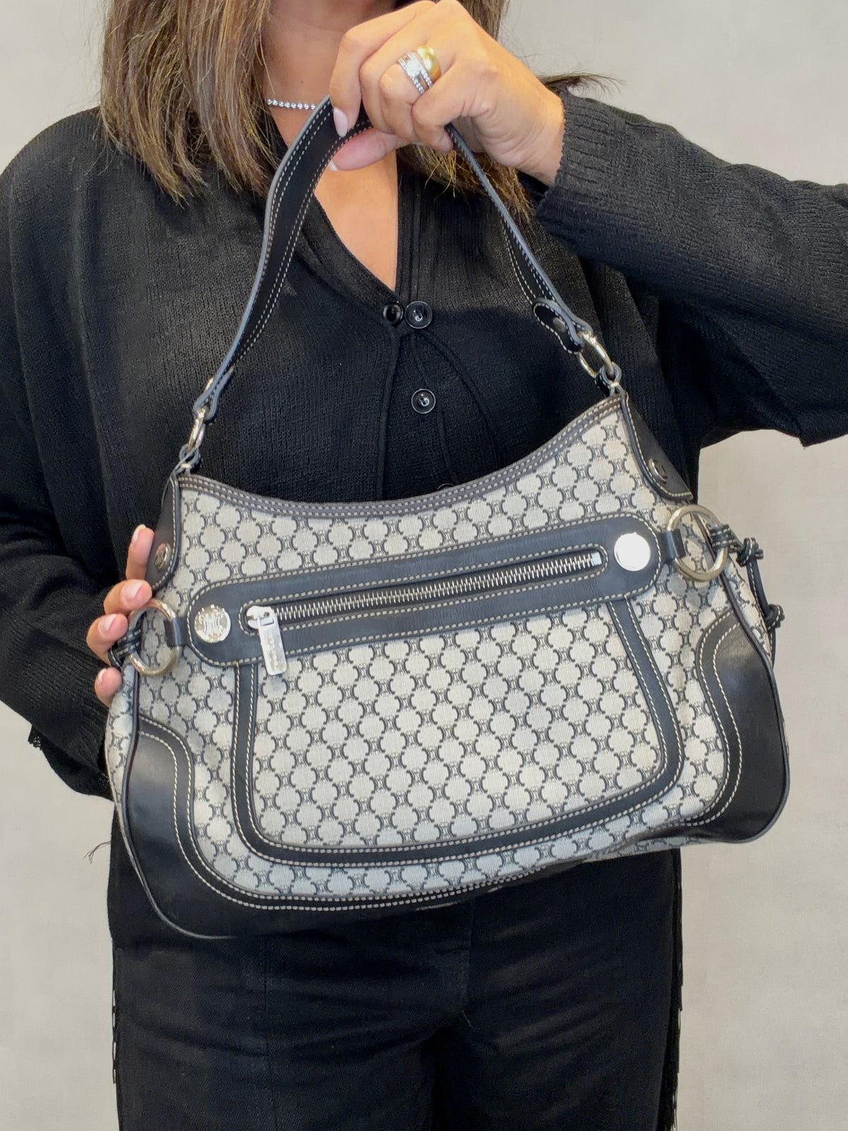 Celine Macadam Canvas Leather Shoulder Bag Hand Bag Black