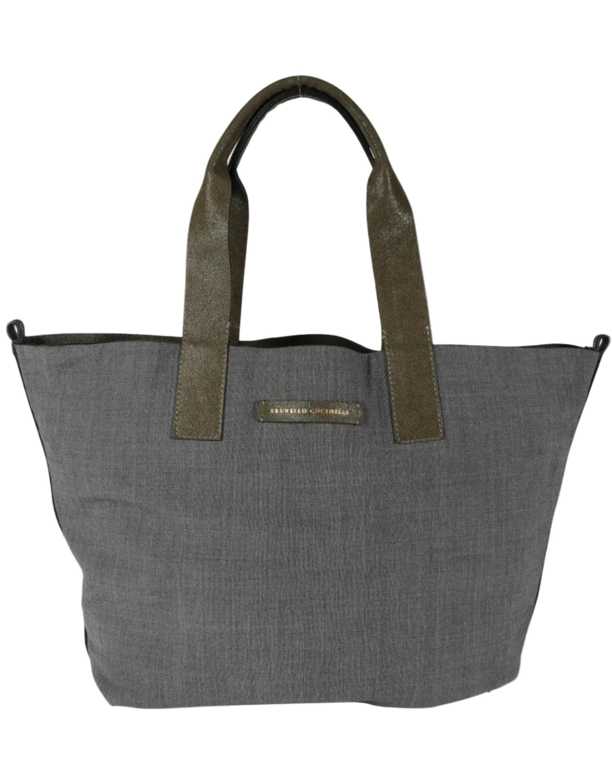 Brunello Cucinelli Olive Suede & Gray Wool Reversible Tote Handbag fv