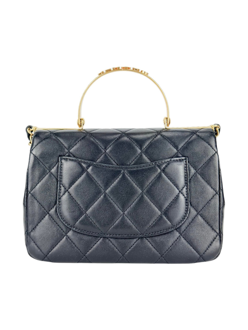Chanel Black Lambskin Leather Matelasse Top Handle Single Flap Bag Small