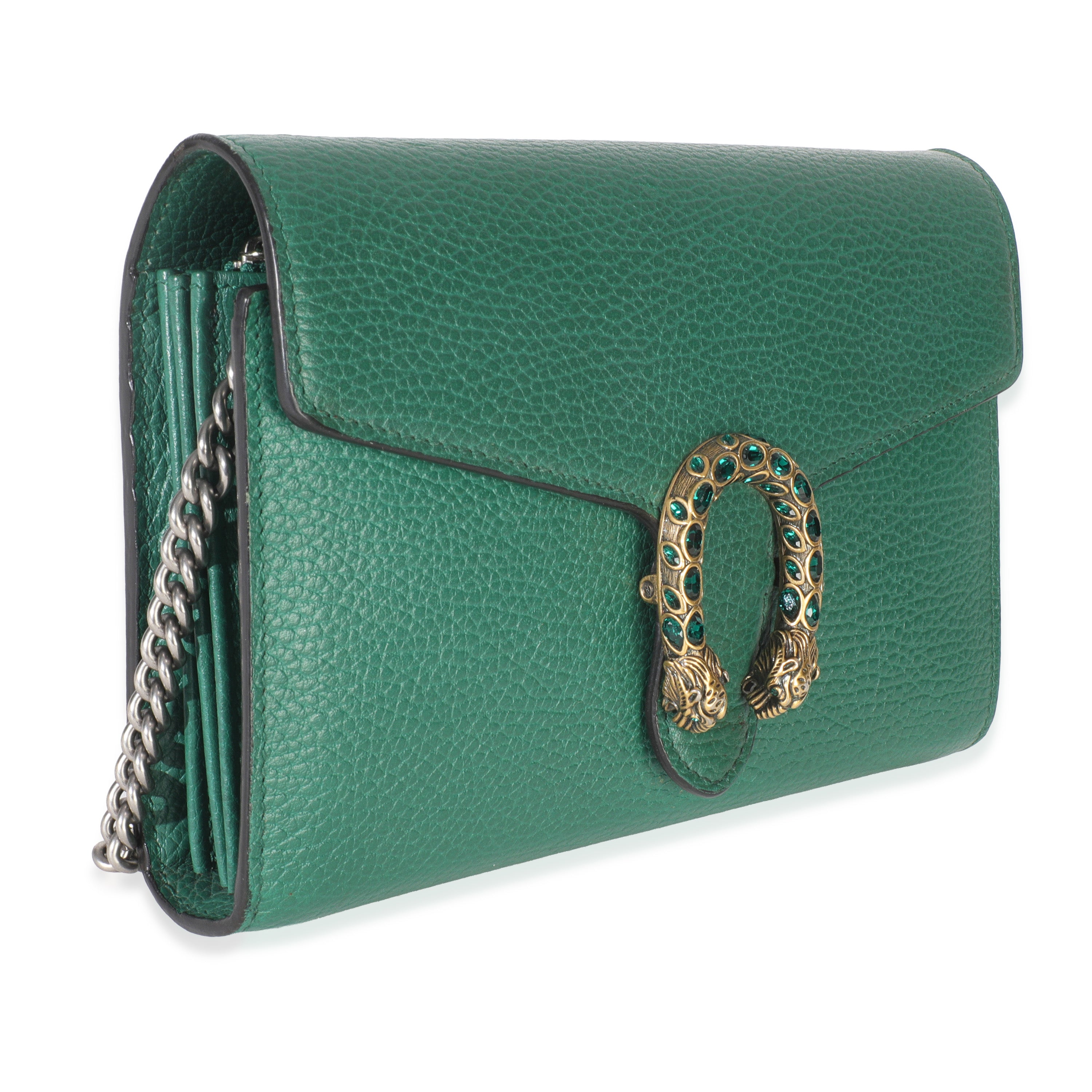 Gucci Emerald Pebbled Calfskin Dionysus Chain Wallet Handbag pv