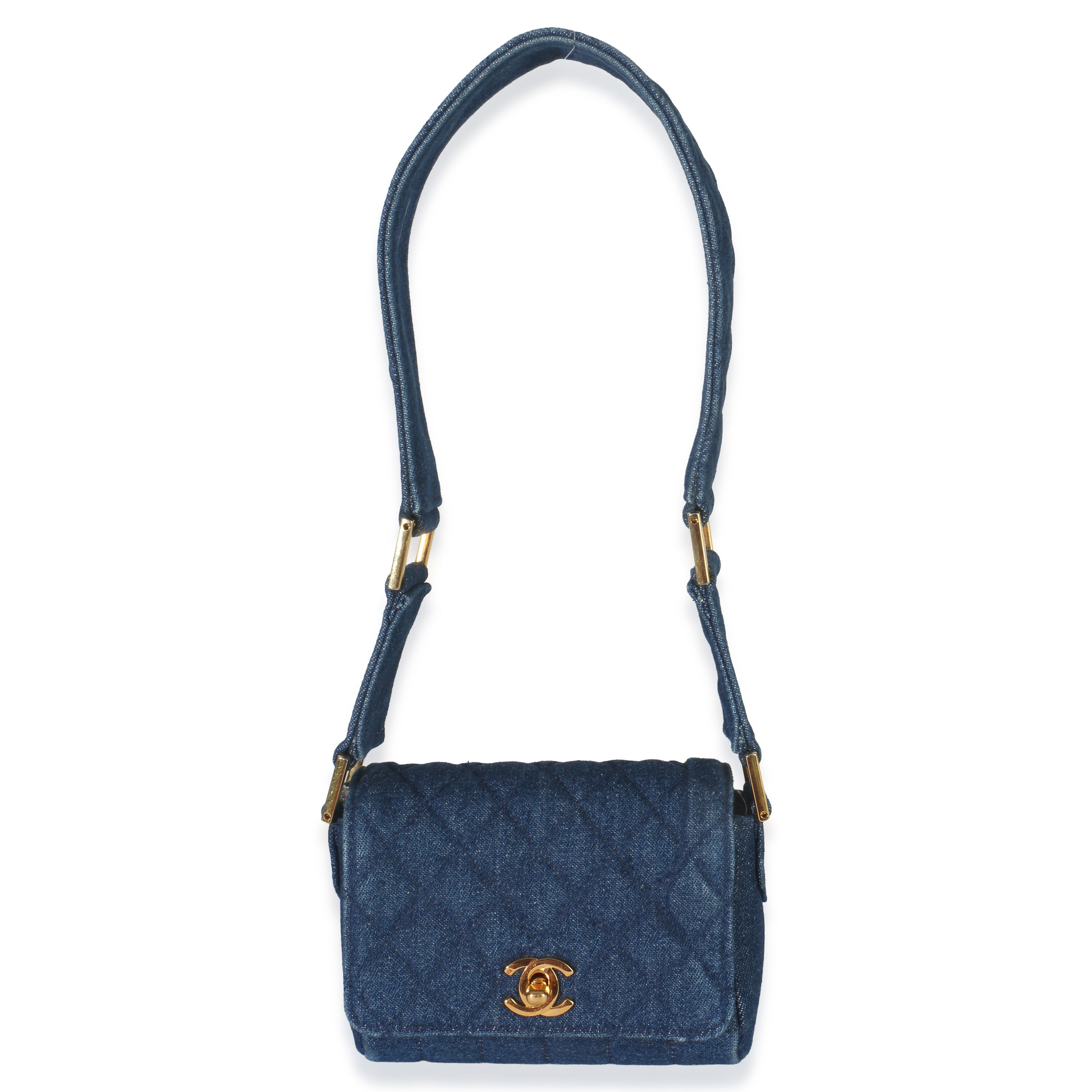 Chanel Vintage Blue Quilted Denim Mini Single Flap Bag Handbag fv