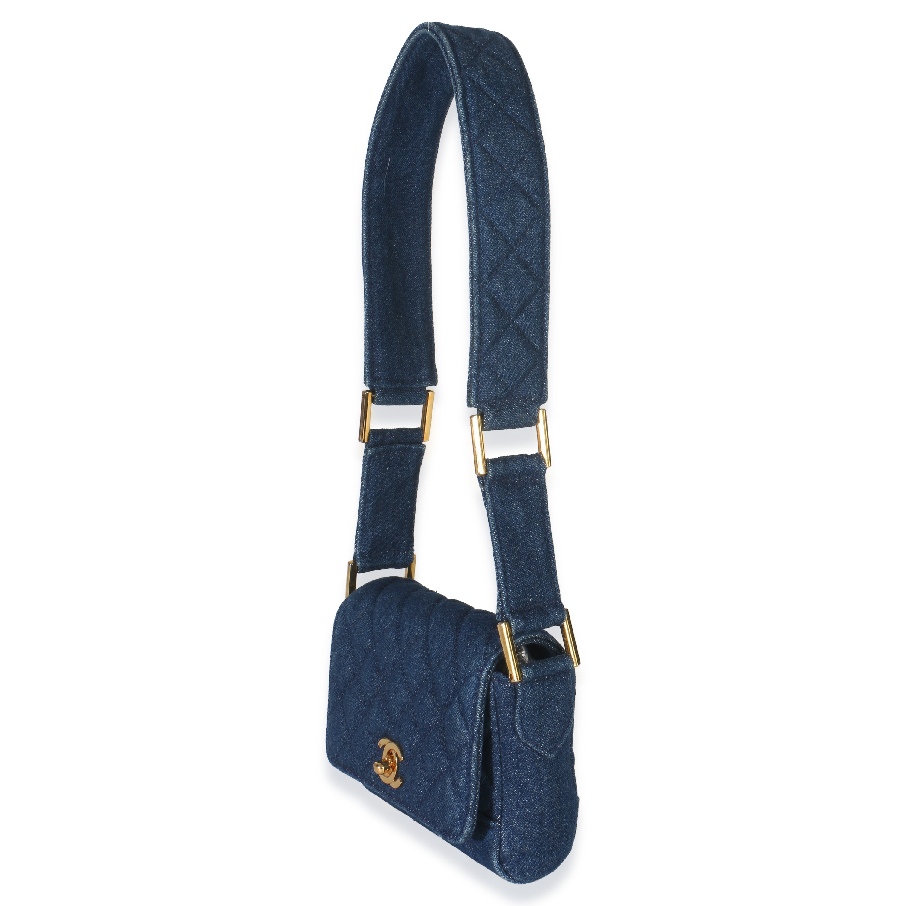 Chanel Vintage Blue Quilted Denim Mini Single Flap Bag Handbag sv