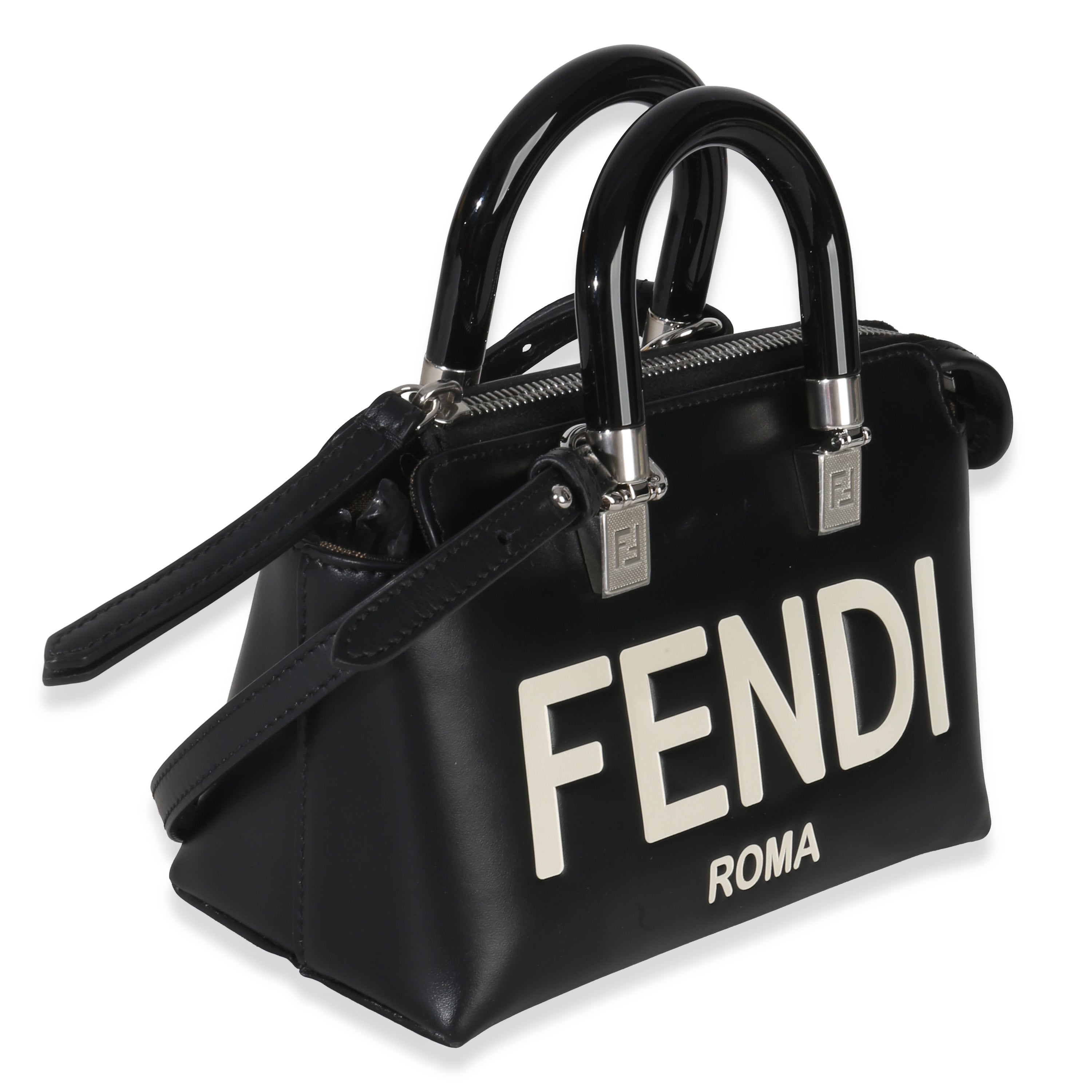 Fendi Black White Vitello King Logo Embossed Plexiglass Mini By The Way Satchel Handbag pv