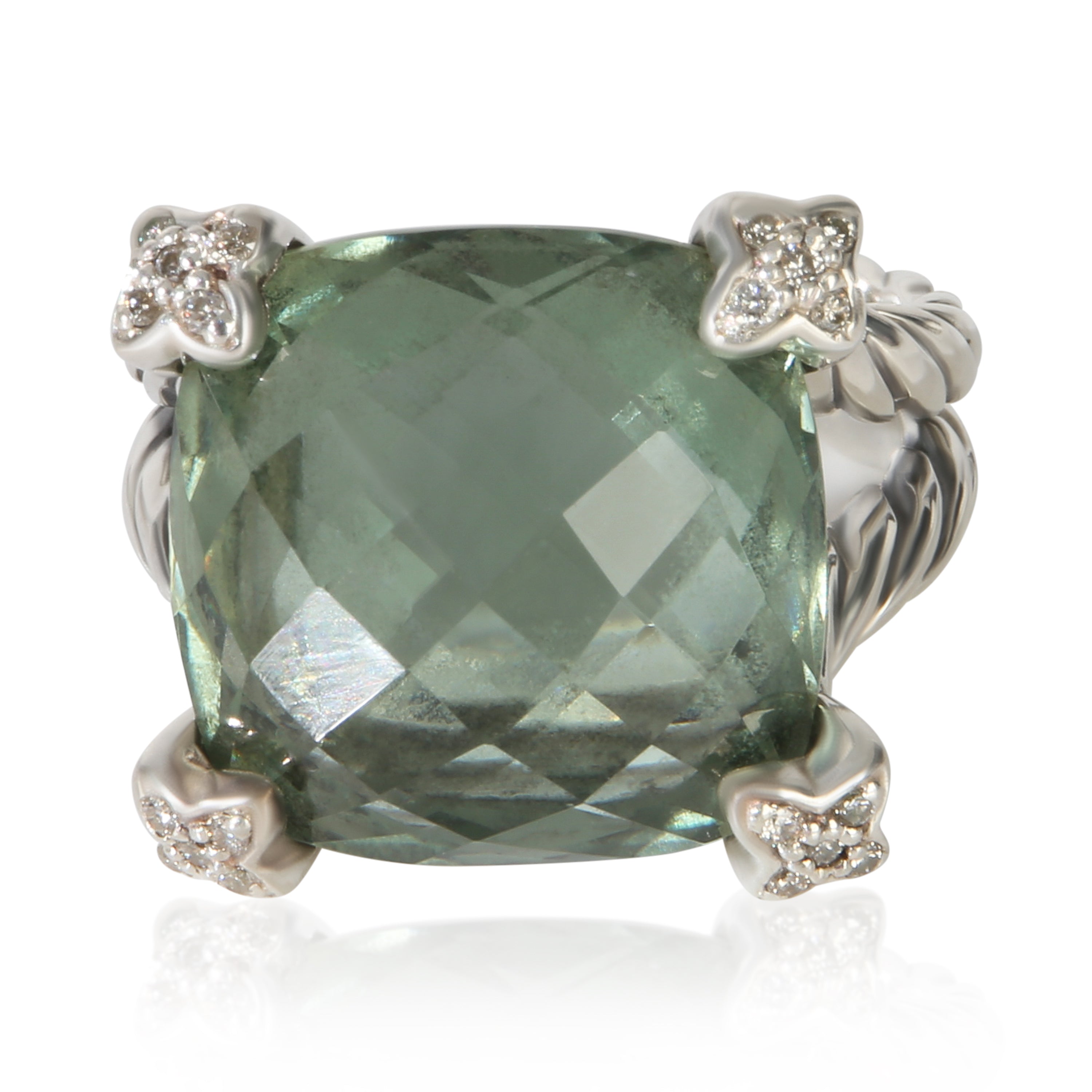 David Yurman Sterling Silver Prasiolite and Diamond On Point Ring fv