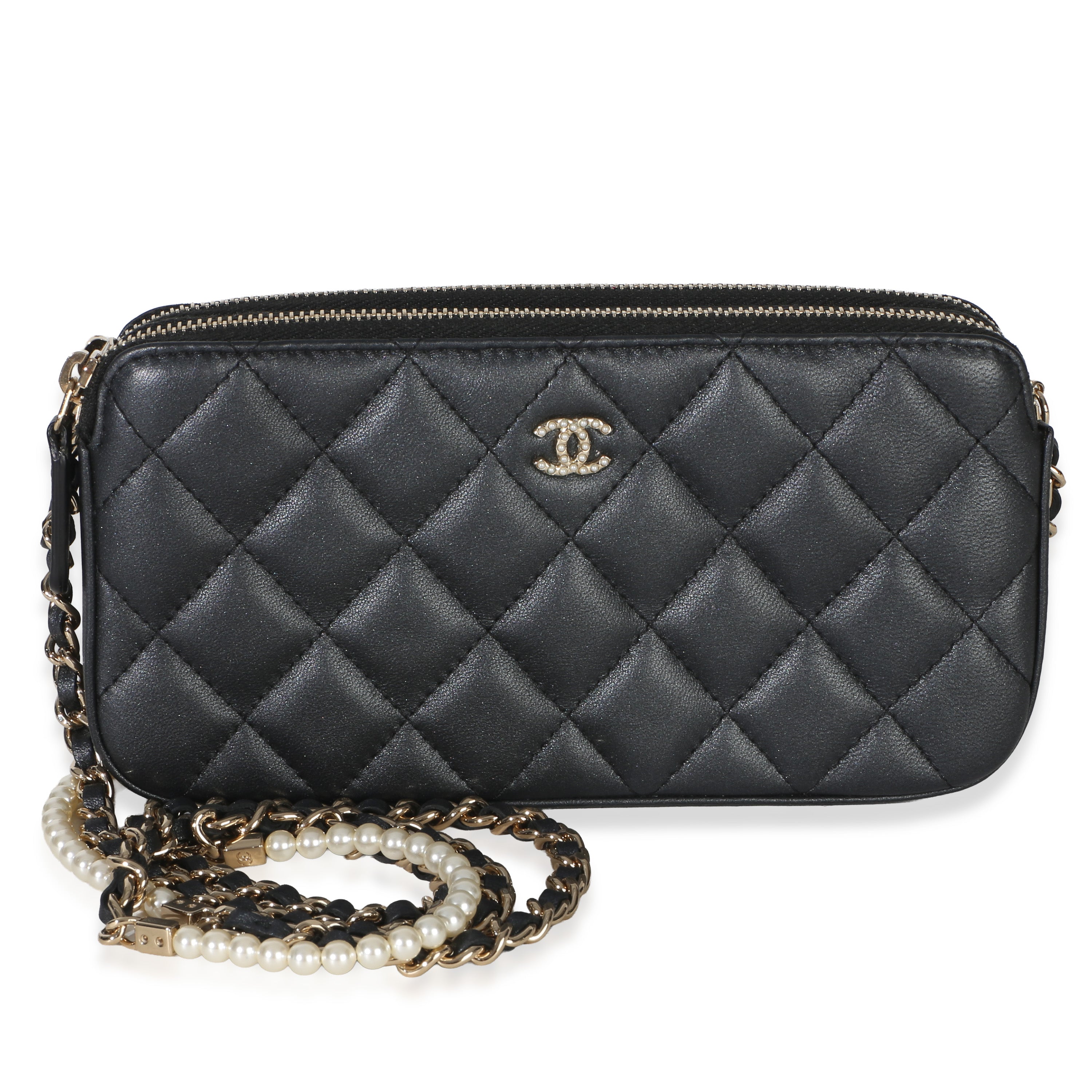 Chanel Black Quilted Lambskin Pearl CC Double Zip Clutch With Chain Handbag fv