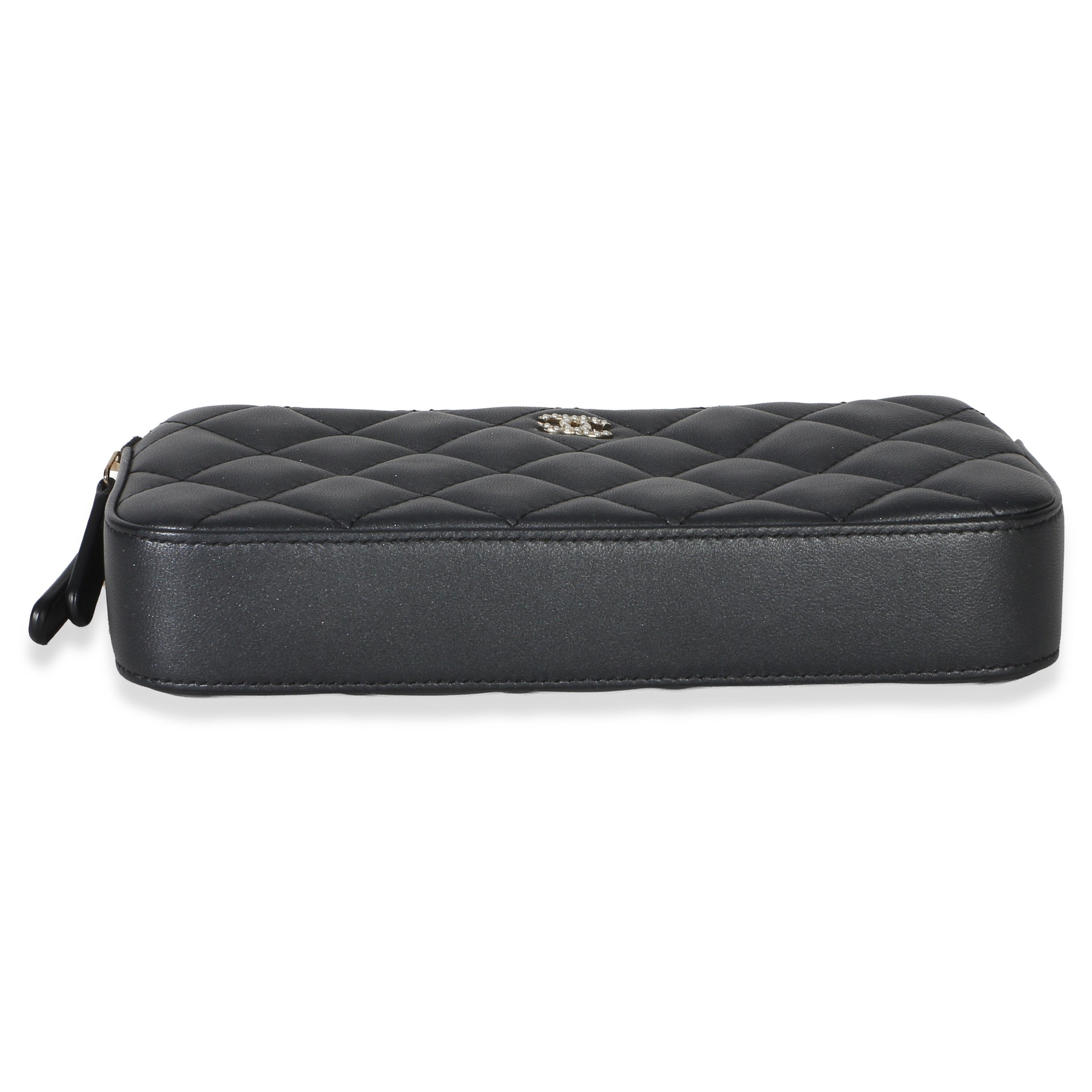Chanel Black Quilted Lambskin Pearl CC Double Zip Clutch With Chain Handbag stamp