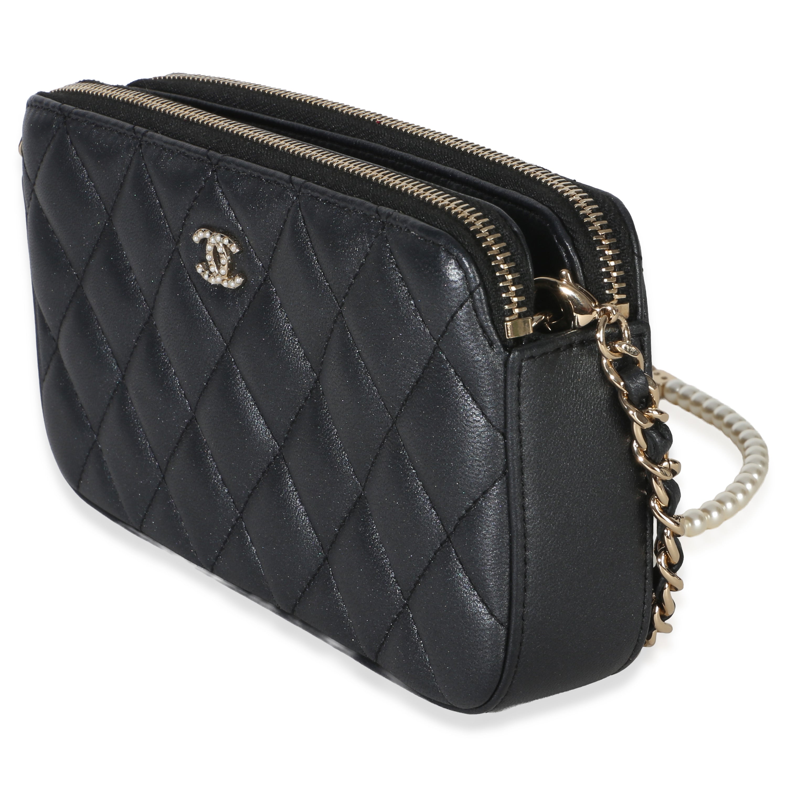Chanel Black Quilted Lambskin Pearl CC Double Zip Clutch With Chain Handbag sv