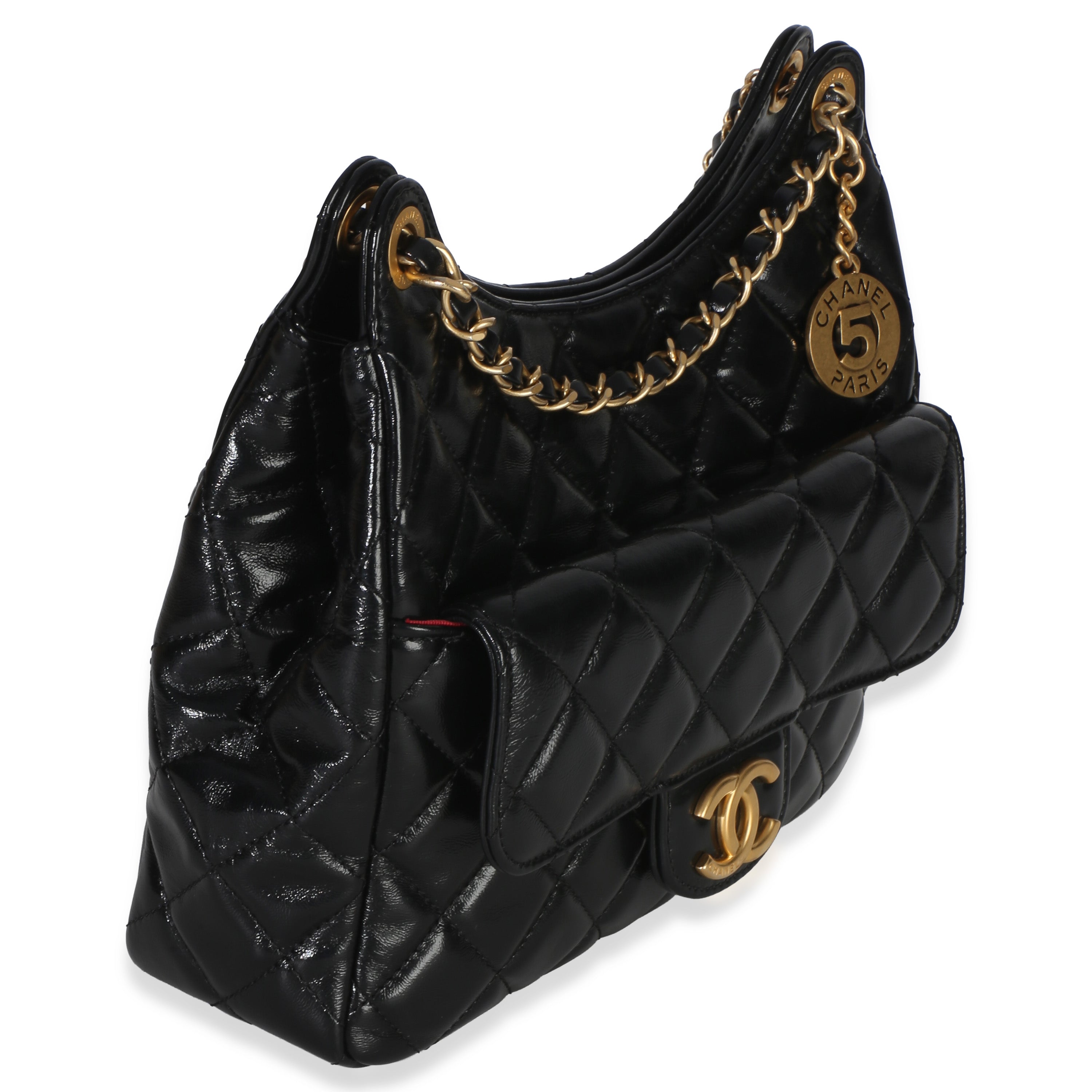 Chanel Black Quilted Shiny Crumpled Calfskin Small Wavy CC Hobo Handbag pv