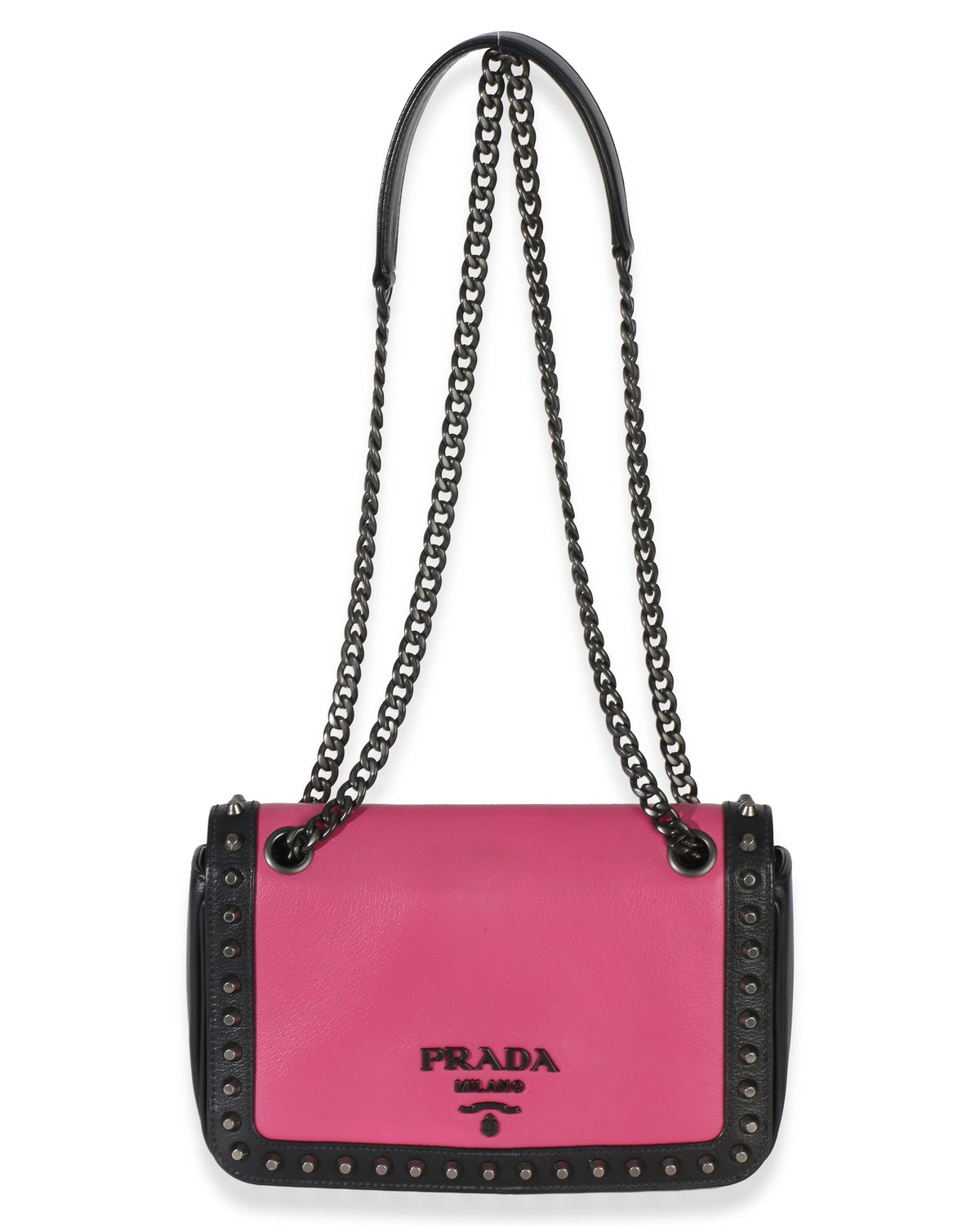 Prada Black Pink Calfskin Glace Studded Chain Flap Handbag 8