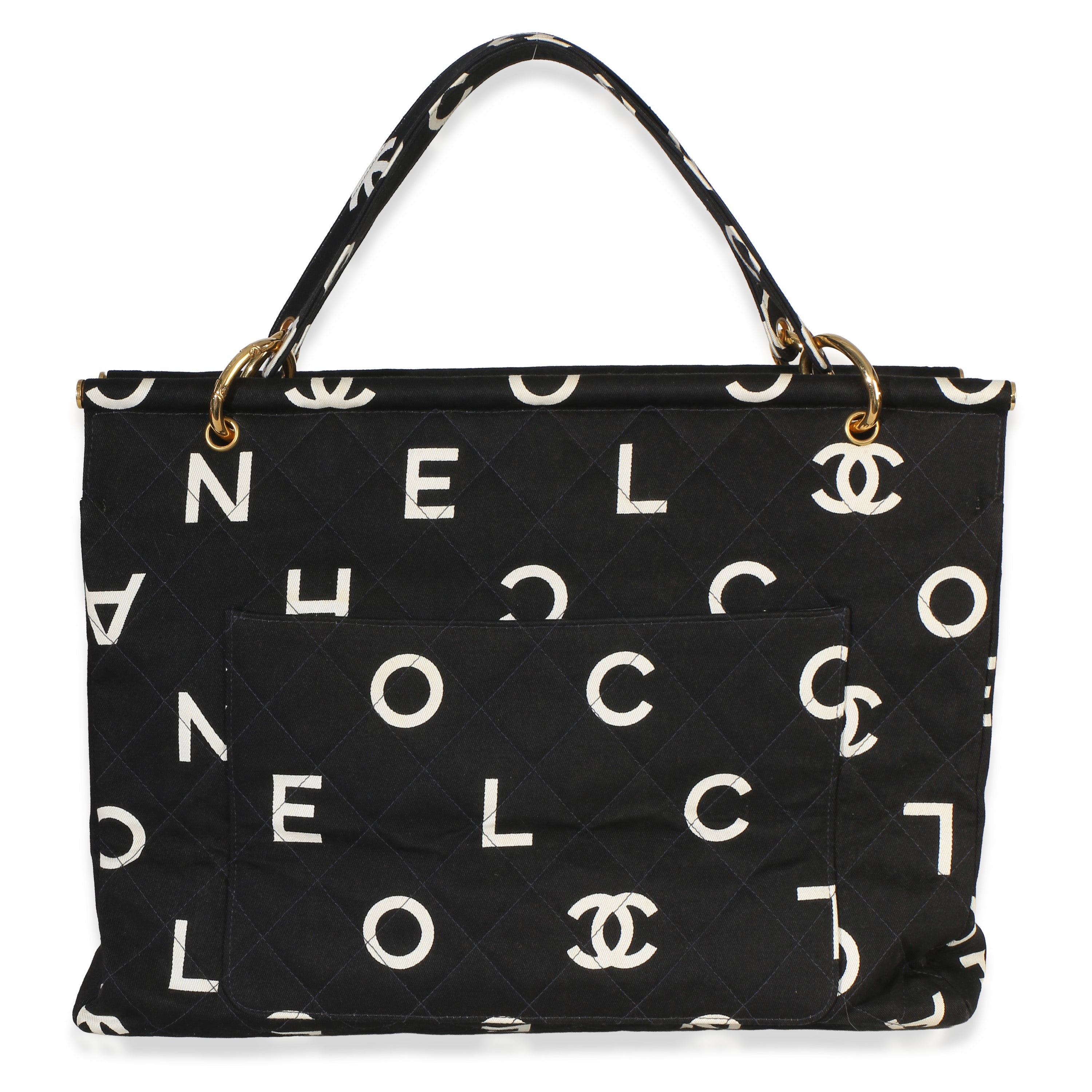 Chanel Vintage Black White Quilted Canvas Logo Tote Handbag id