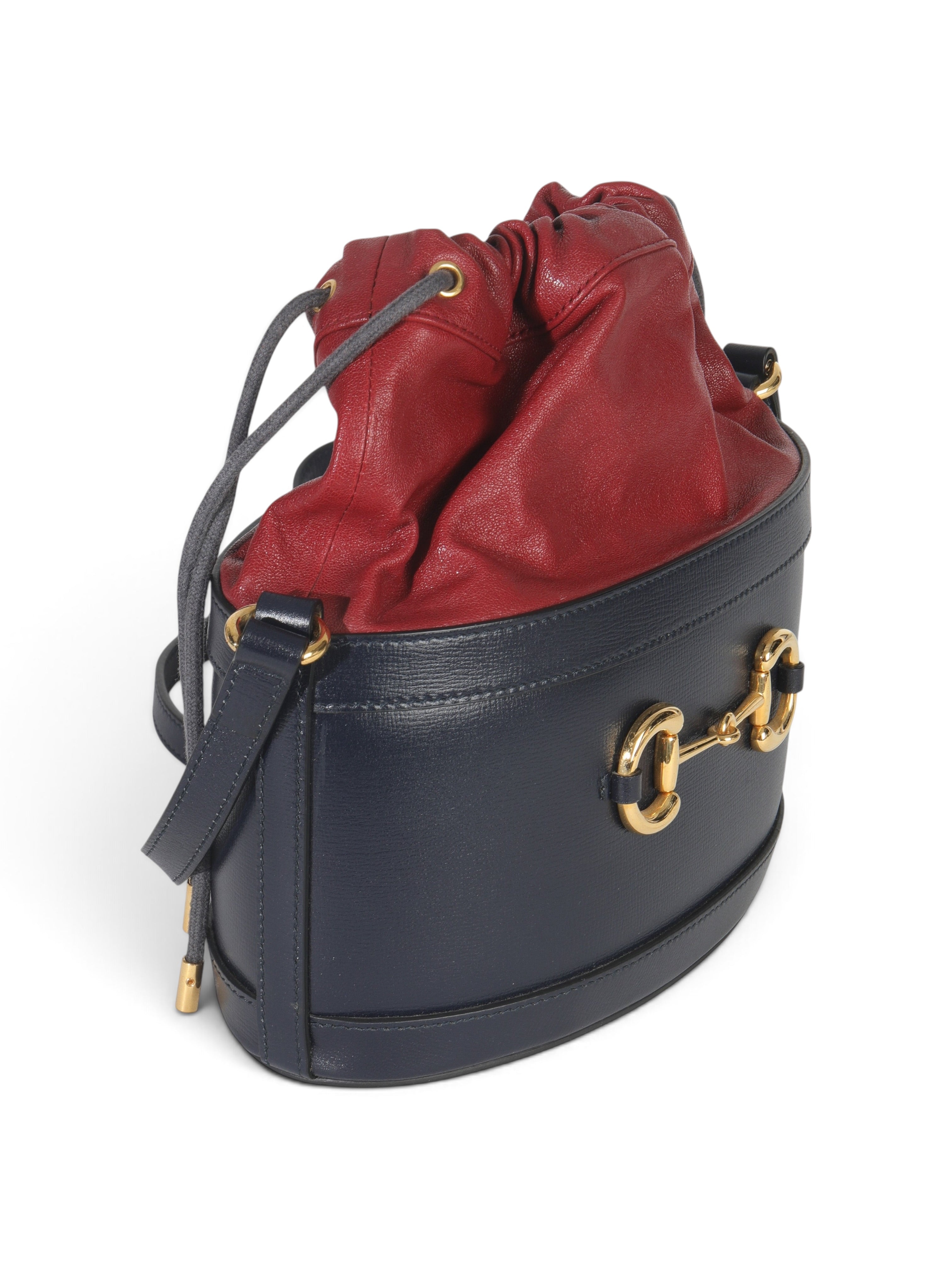 Gucci Red Navy Leather Horsebit 1955 Drawstring Bucket Bag