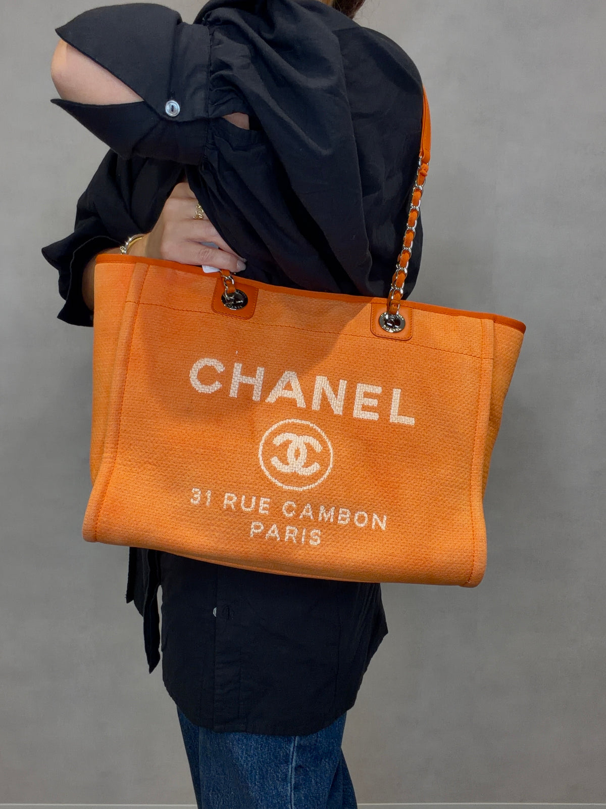 Chanel Deauville MM Straw Leather Tote Bag Orange