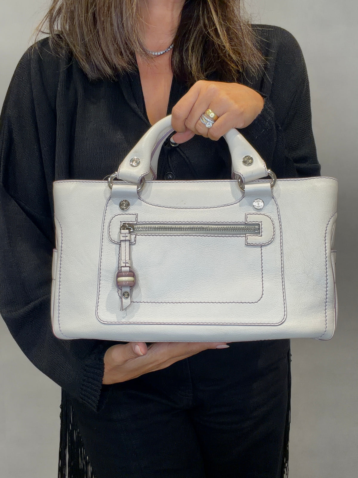 Celine Macadam Leather Boogie Bag Hand Bag Tote Bag White Purple