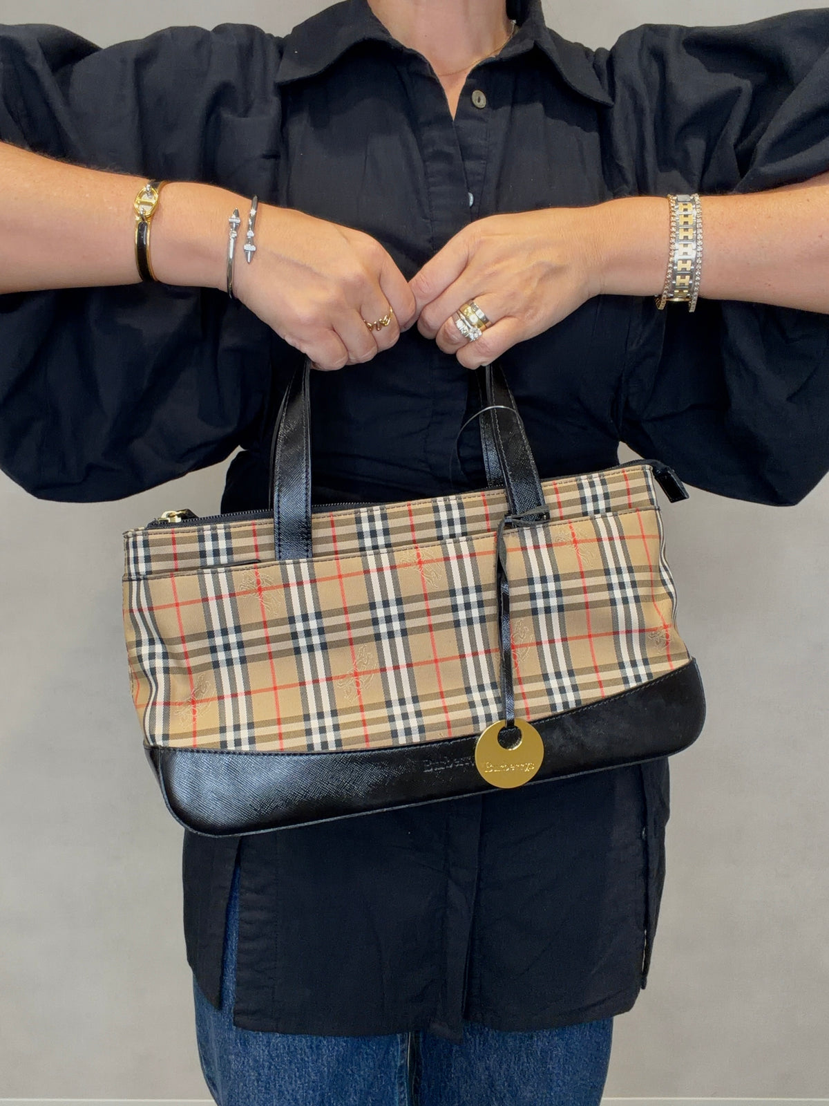 Burberry Canvas Leather Nova Plaid Tote Bag Hand Bag Brown Black