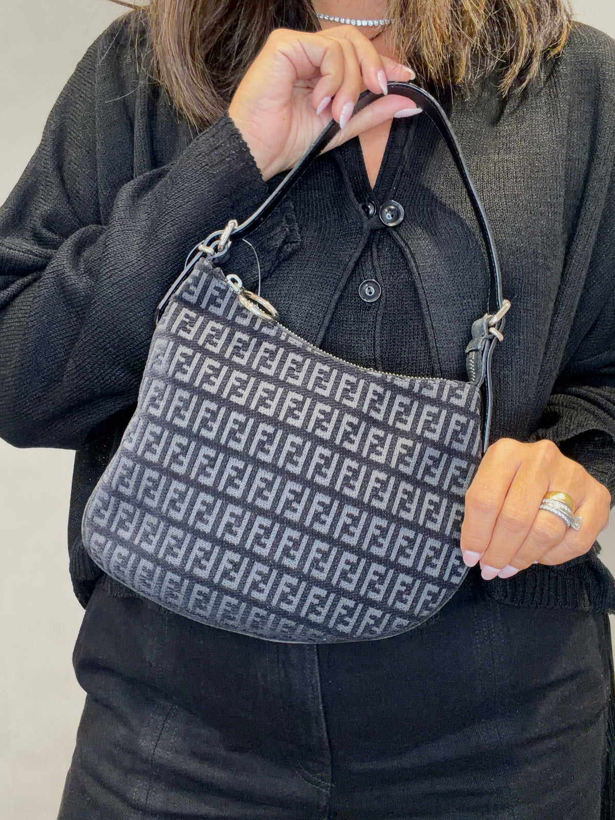 Fendi Zucchino Canvas Leather Shoulder Bag Hand Bag Black