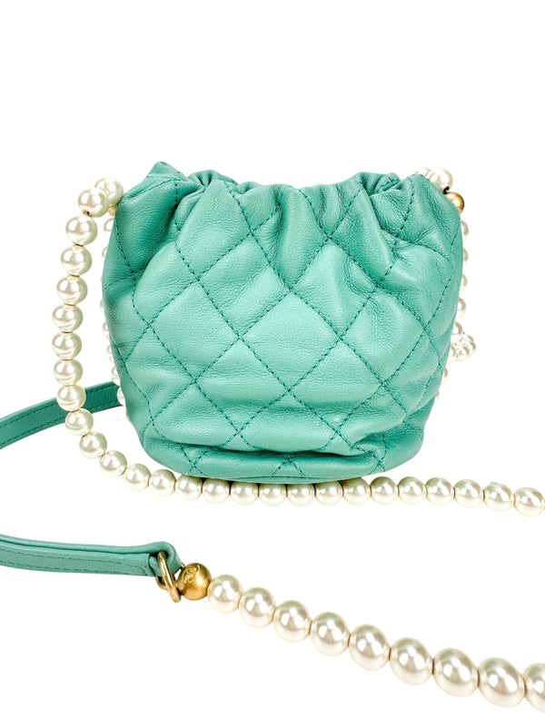 Chanel Turquoise Quilted Lambskin Pearl Mini Drawstring Bucket Bag