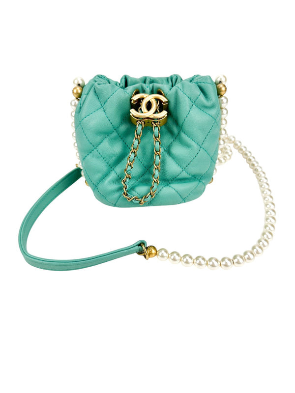 Chanel Turquoise Quilted Lambskin Pearl Mini Drawstring Bucket Bag