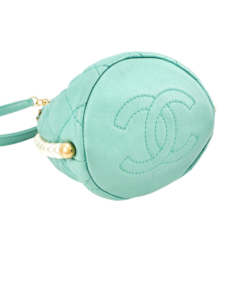 Chanel Turquoise Quilted Lambskin Pearl Mini Drawstring Bucket Bag