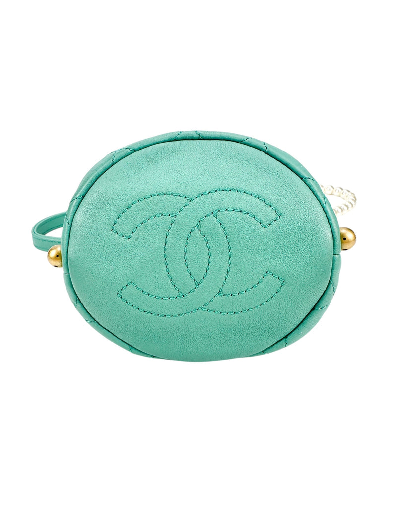 Chanel Turquoise Quilted Lambskin Pearl Mini Drawstring Bucket Bag