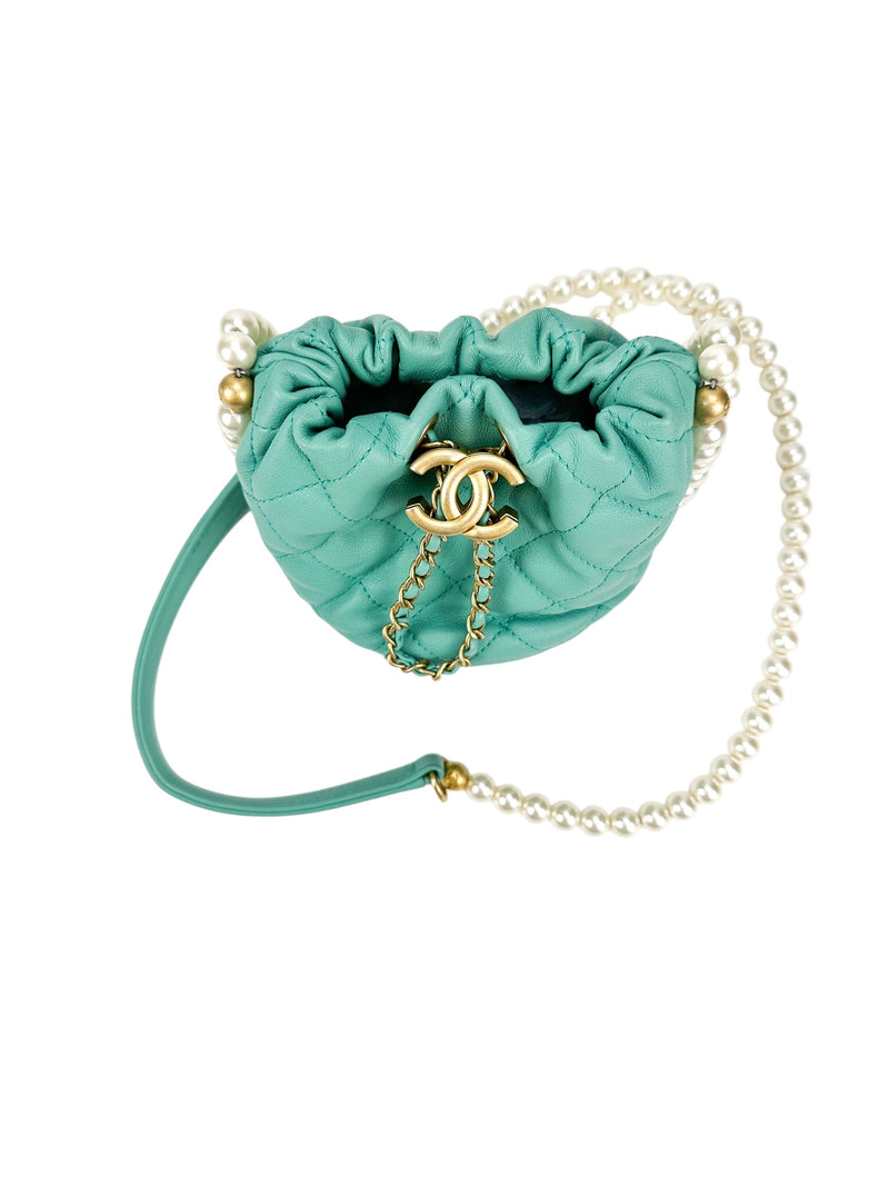 Chanel Turquoise Quilted Lambskin Pearl Mini Drawstring Bucket Bag