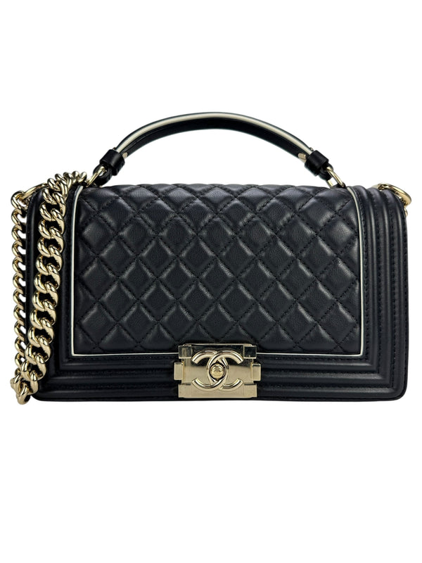 Chanel Black Lambskin Top Handle Boy Bag Medium