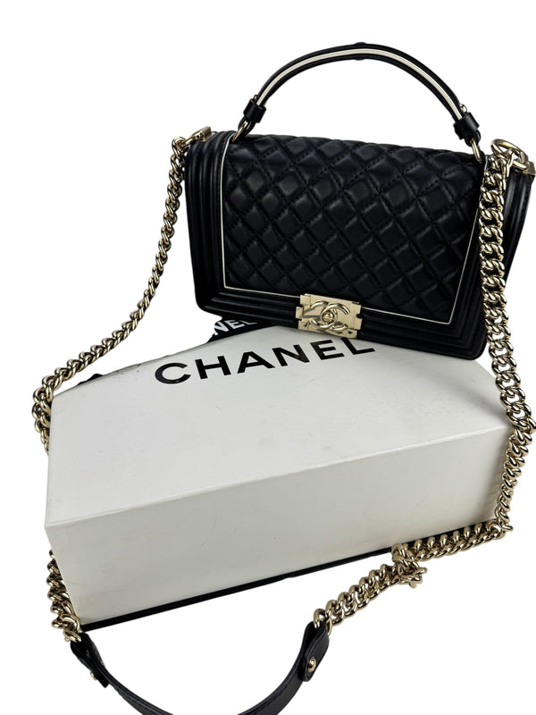 Chanel Black Lambskin Top Handle Boy Bag Medium