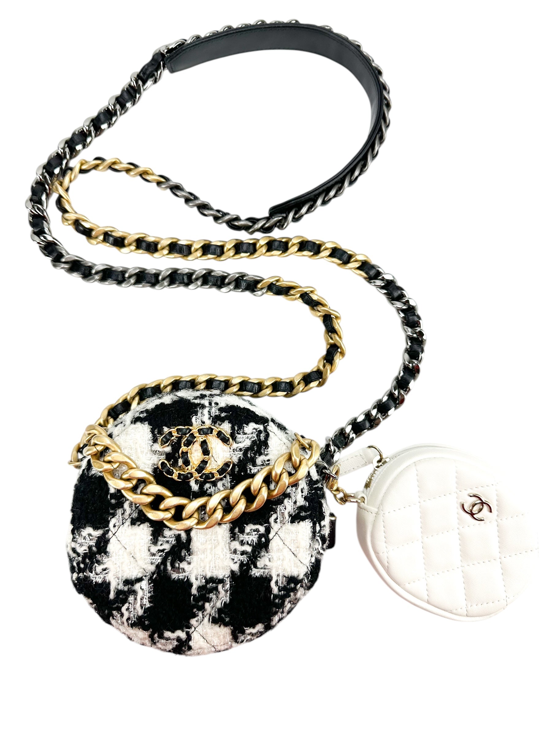 Chanel Quilted Tweed And Lambskin Houndstooth 19 Round Clutch And Coin Pouch.