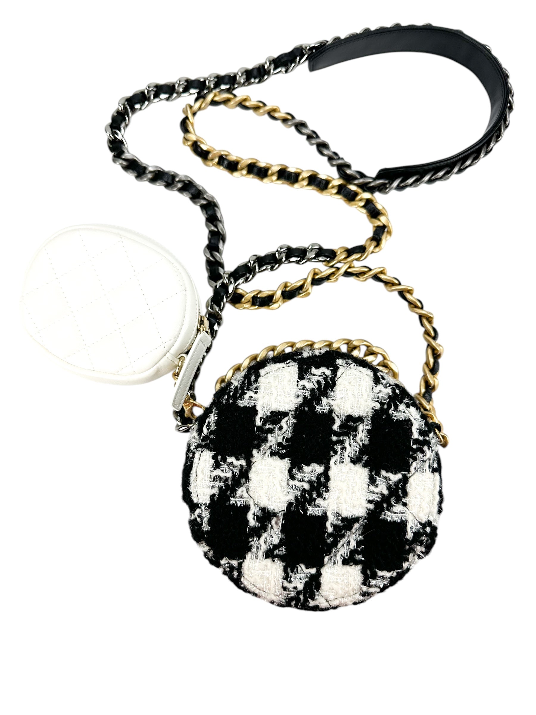 Chanel Quilted Tweed And Lambskin Houndstooth 19 Round Clutch And Coin Pouch.