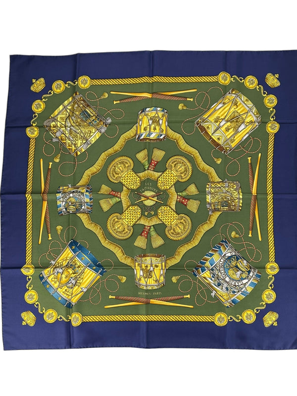 Hermes Blue Silk Les Tambours Scarf