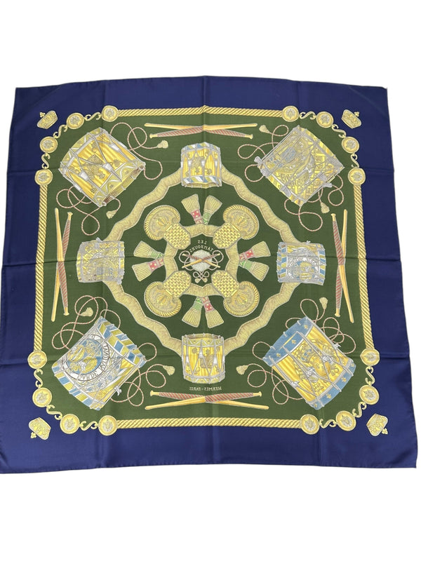 Hermes Blue Silk Les Tambours Scarf
