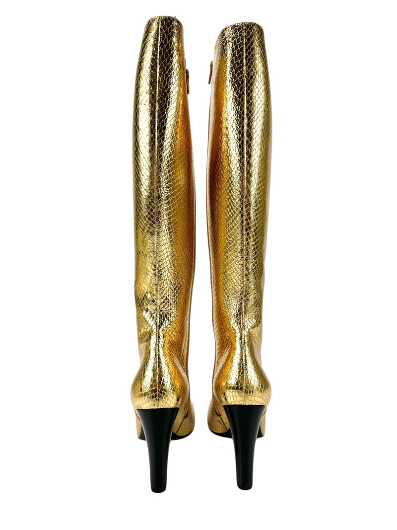 Saint Laurent Gold Faux Python Mirror Boots Size 40