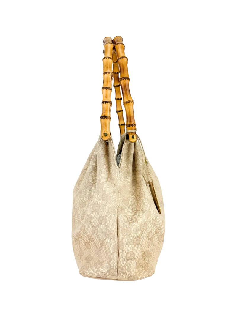 Gucci Beige Canvas GG Bamboo Handle Bag