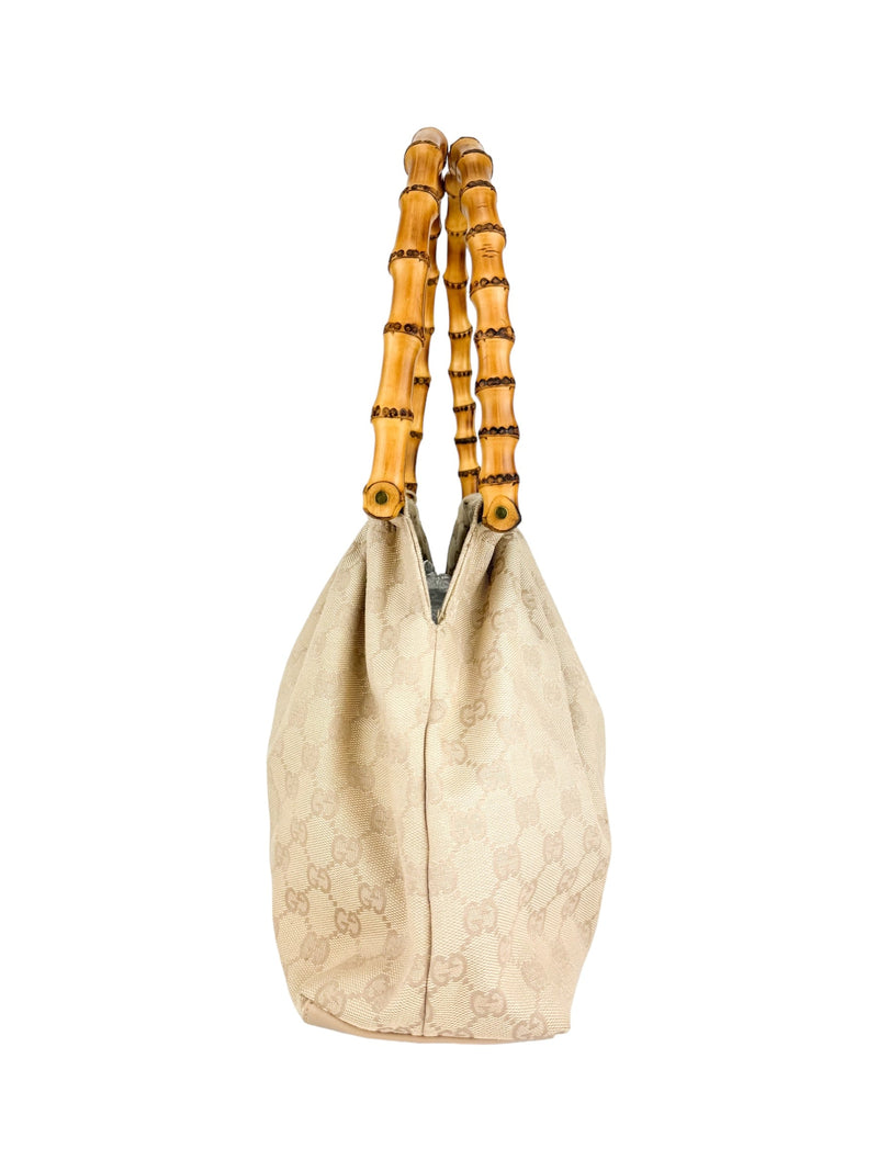 Gucci Beige Canvas GG Bamboo Handle Bag