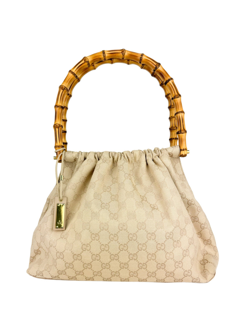 Gucci Beige Canvas GG Bamboo Handle Bag