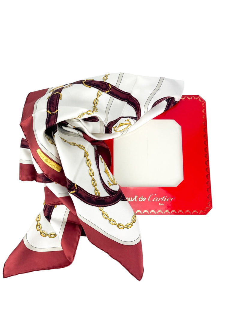 Cartier Bordeaux (Burgundy), White, Gray and Gold Silk Scarf 84