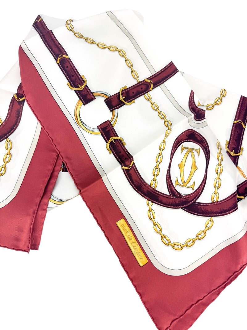 Cartier Bordeaux (Burgundy), White, Gray and Gold Silk Scarf 84
