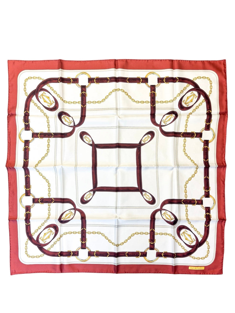 Cartier Bordeaux (Burgundy), White, Gray and Gold Silk Scarf 84