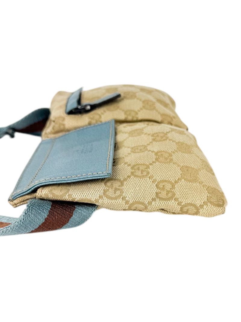 Gucci Beige and Light Blue Canvas and Leather GG Waist Bag