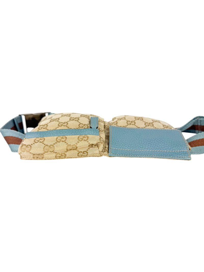 Gucci Beige and Light Blue Canvas and Leather GG Waist Bag