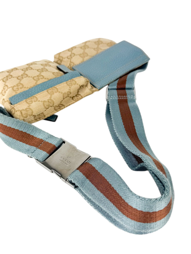 Gucci Beige and Light Blue Canvas and Leather GG Waist Bag