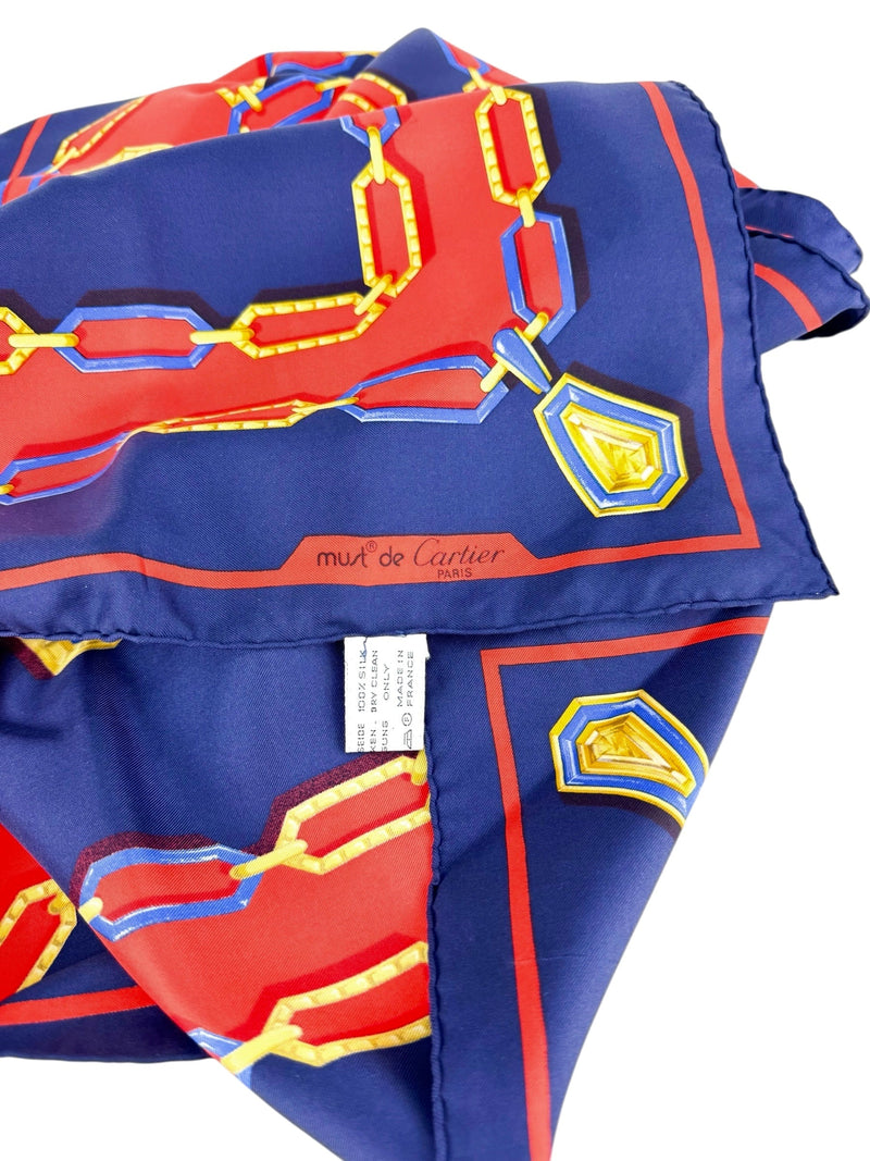 Cartier Navy, Orange, Pink & Gold Silk Scarf