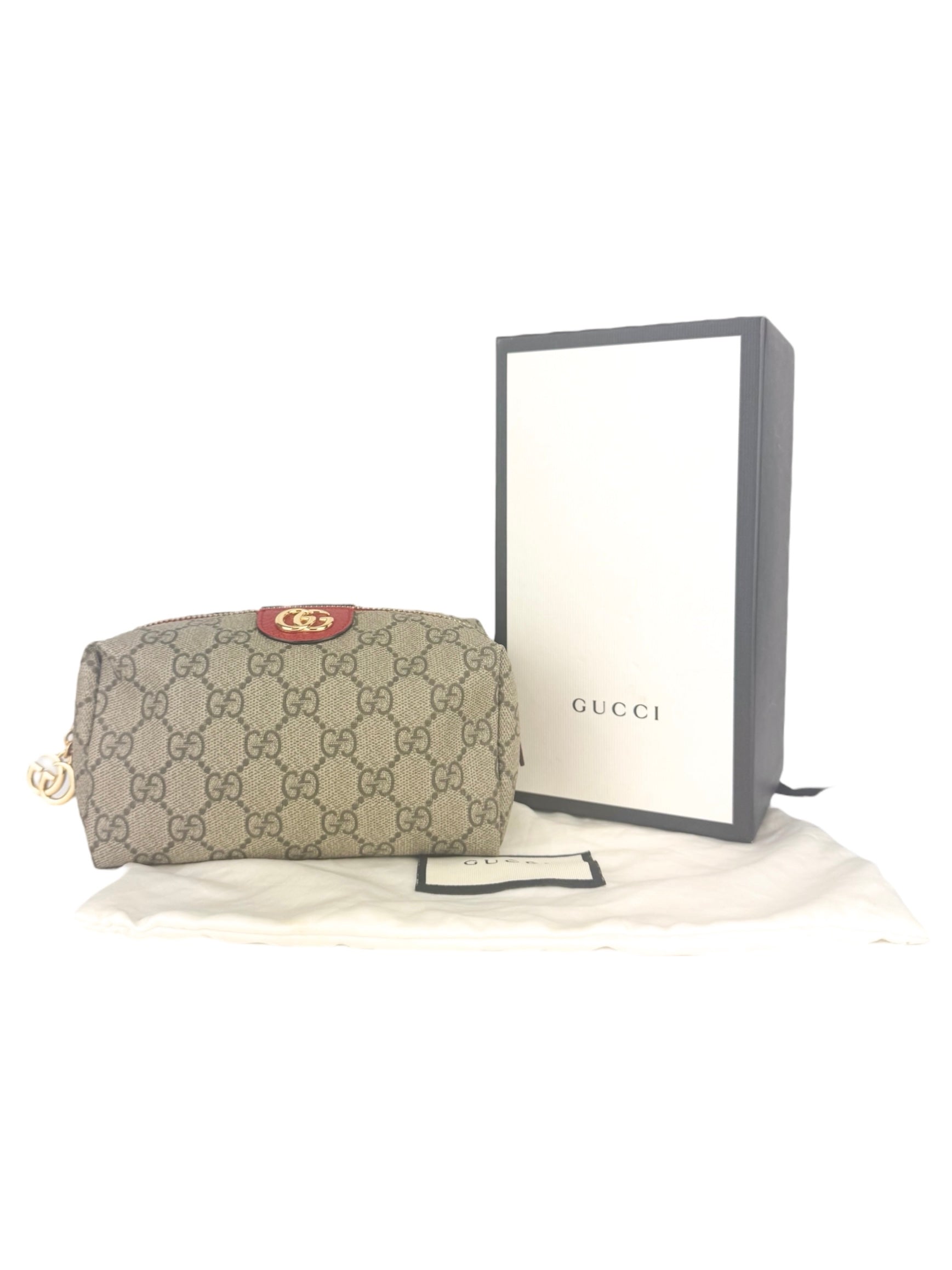 Gucci Brown, Beige and Red Coated Canvas GG Supreme Cosmetic Pouch
