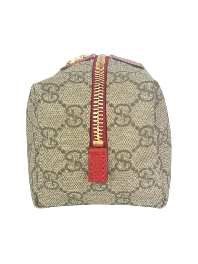 Gucci Brown, Beige and Red Coated Canvas GG Supreme Cosmetic Pouch
