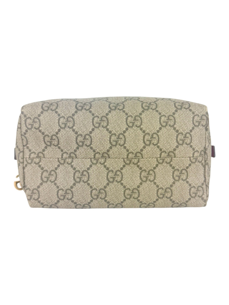 Gucci Brown, Beige and Red Coated Canvas GG Supreme Cosmetic Pouch