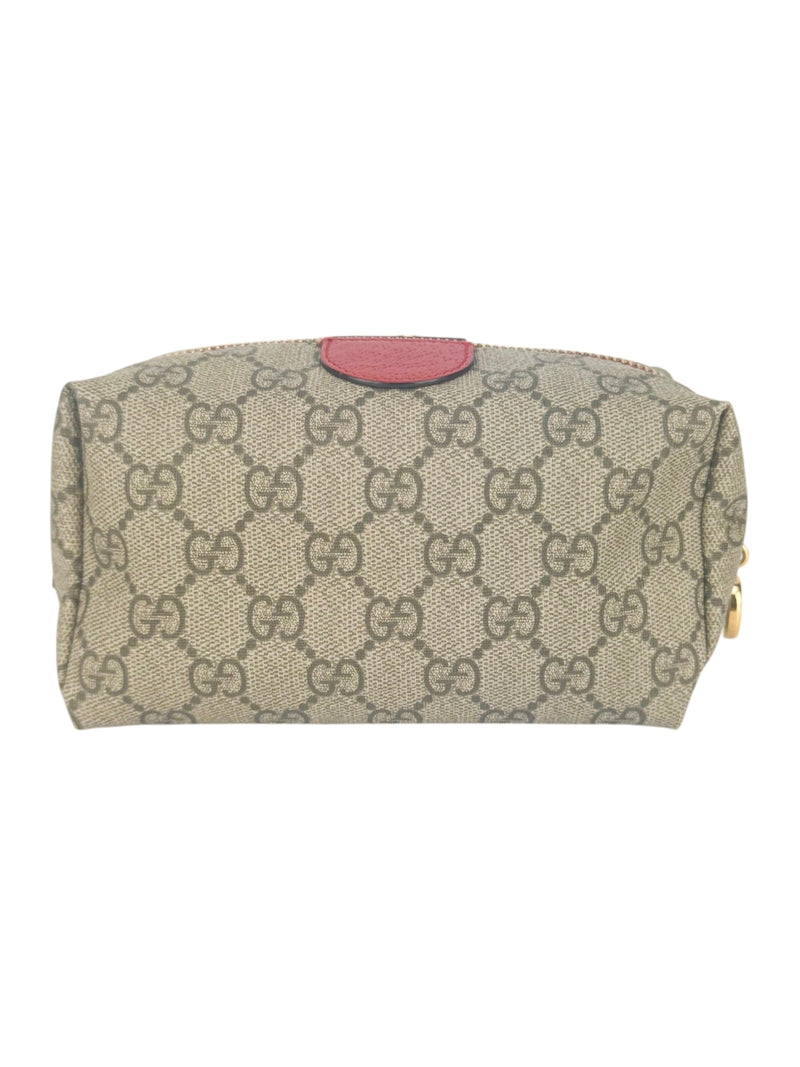 Gucci Brown, Beige and Red Coated Canvas GG Supreme Cosmetic Pouch