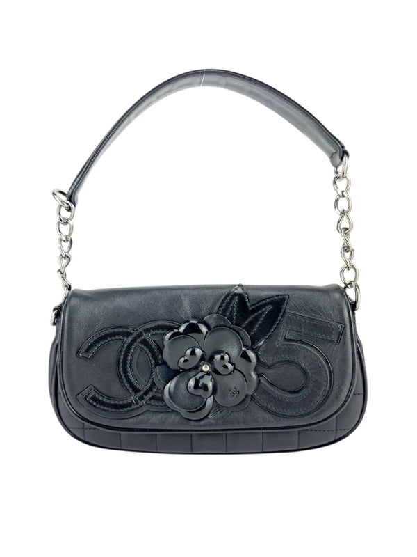 Chanel Black Lambskin and Patent Leather Camelia Chocolate Bar Handbag