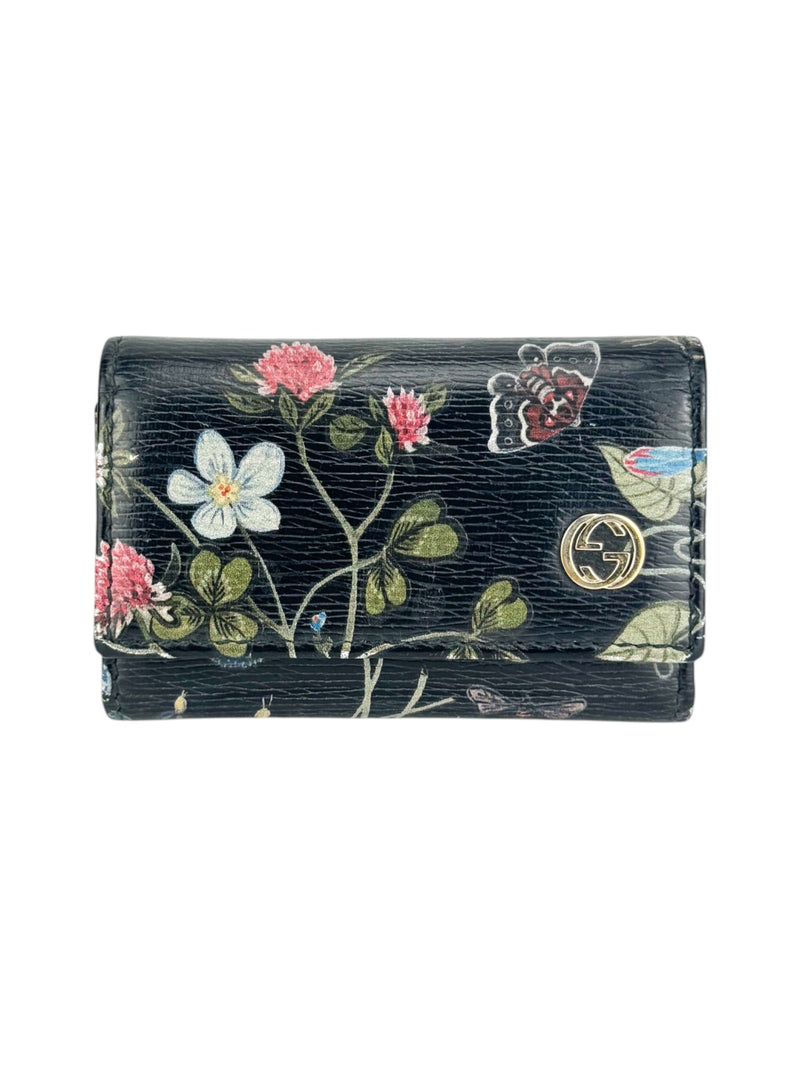 Gucci Black Leather Floral Print Betty Key Case