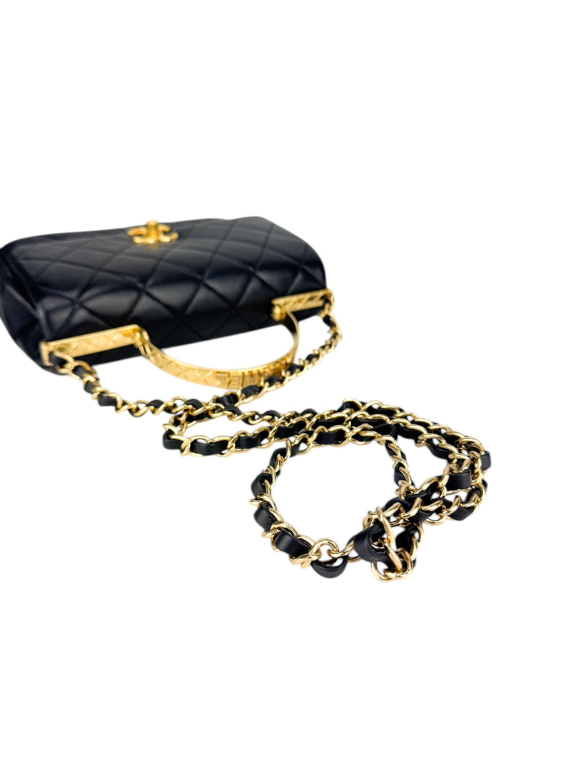 Chanel Black Lambskin Leather Matelasse Top Handle Single Flap Bag Small