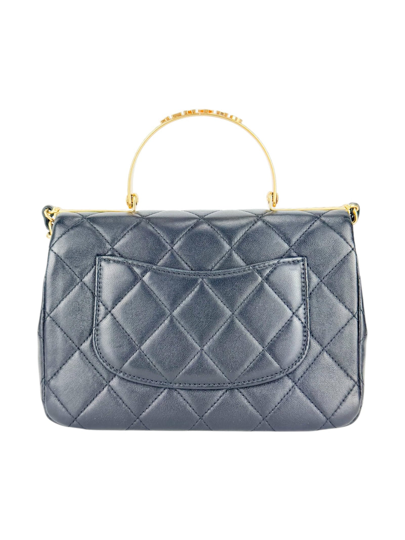 Chanel Black Lambskin Leather Matelasse Top Handle Single Flap Bag Small